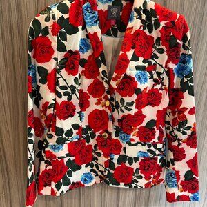 Vince Camuto Women’s Blazer Size 2 –Red & Blue Rose Floral Print Statement Piece